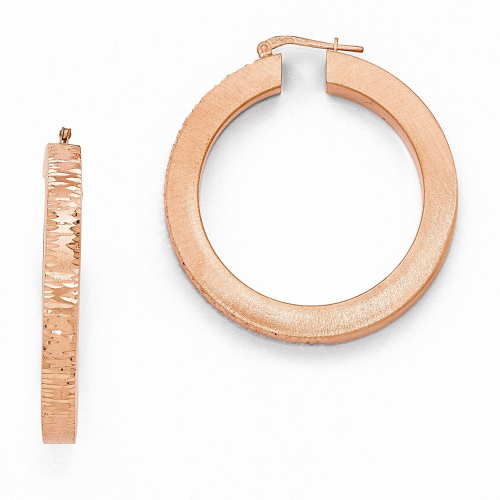 Rose Gold Tone Plated Silver Brushed &amp; Diamond Cut Round Hoops, 4x45mm, Item E11573 by The Black Bow Jewelry Co.