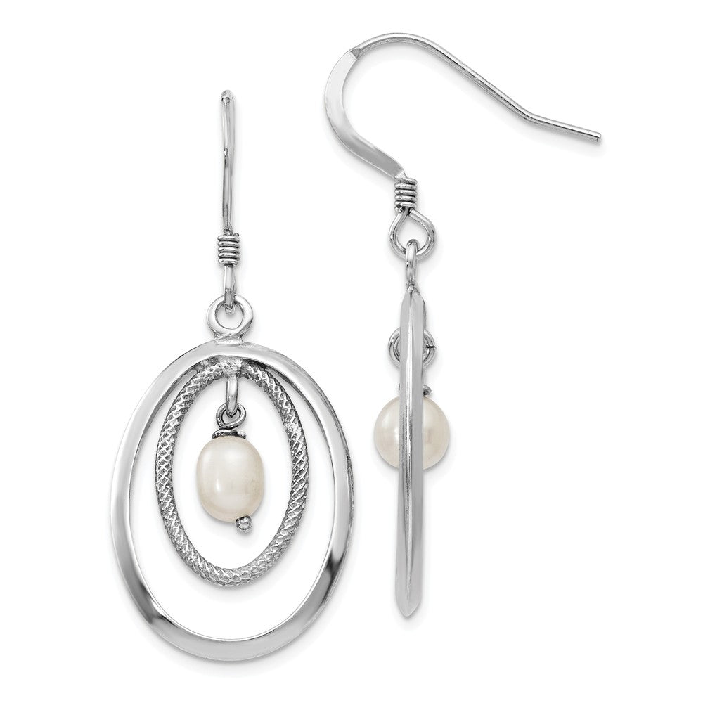 18 x 39mm Silver, FW Cultured White Pearl &amp; Oval Dangle Earrings, Item E11616 by The Black Bow Jewelry Co.
