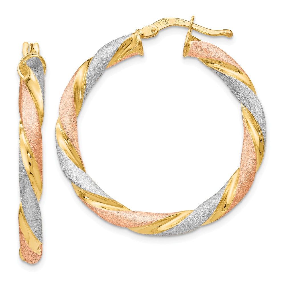 3.5mm Tri-Color Twisted Round Hoops in Gold Tone Sterling Silver, 33mm, Item E11639 by The Black Bow Jewelry Co.