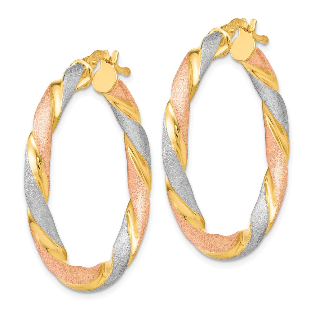 Alternate view of the 3.5mm Tri-Color Twisted Round Hoops in Gold Tone Sterling Silver, 33mm by The Black Bow Jewelry Co.