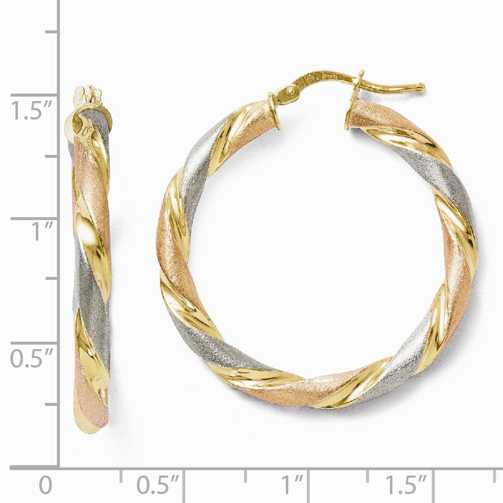 Alternate view of the 3.5mm Tri-Color Twisted Round Hoops in Gold Tone Sterling Silver, 33mm by The Black Bow Jewelry Co.