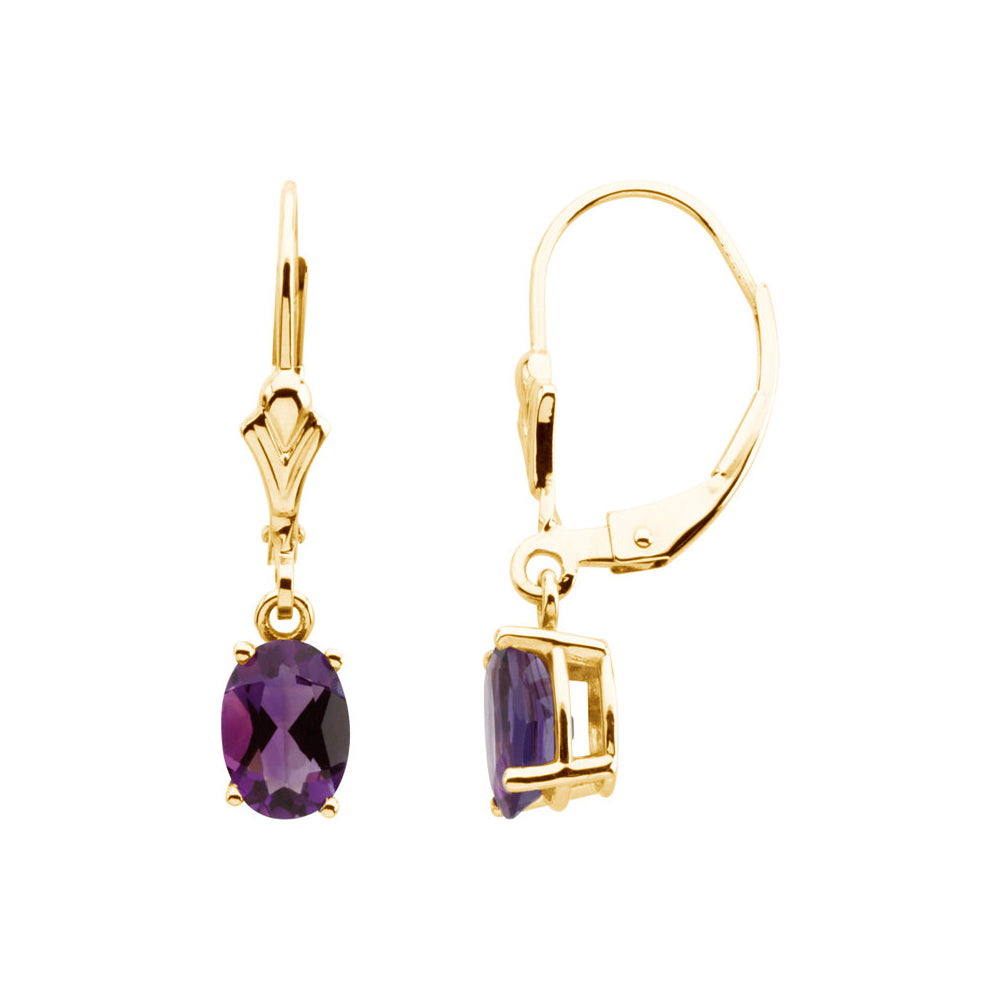 Oval Amethyst Lever Back Earrings in 14k Yellow Gold, Item E11720 by The Black Bow Jewelry Co.