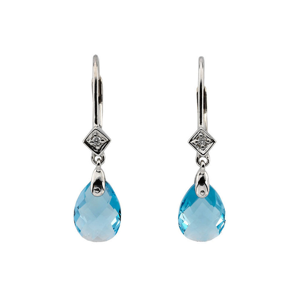 Swiss Blue Topaz &amp; Diamond Lever Back Earrings in 14k White Gold, Item E11726 by The Black Bow Jewelry Co.