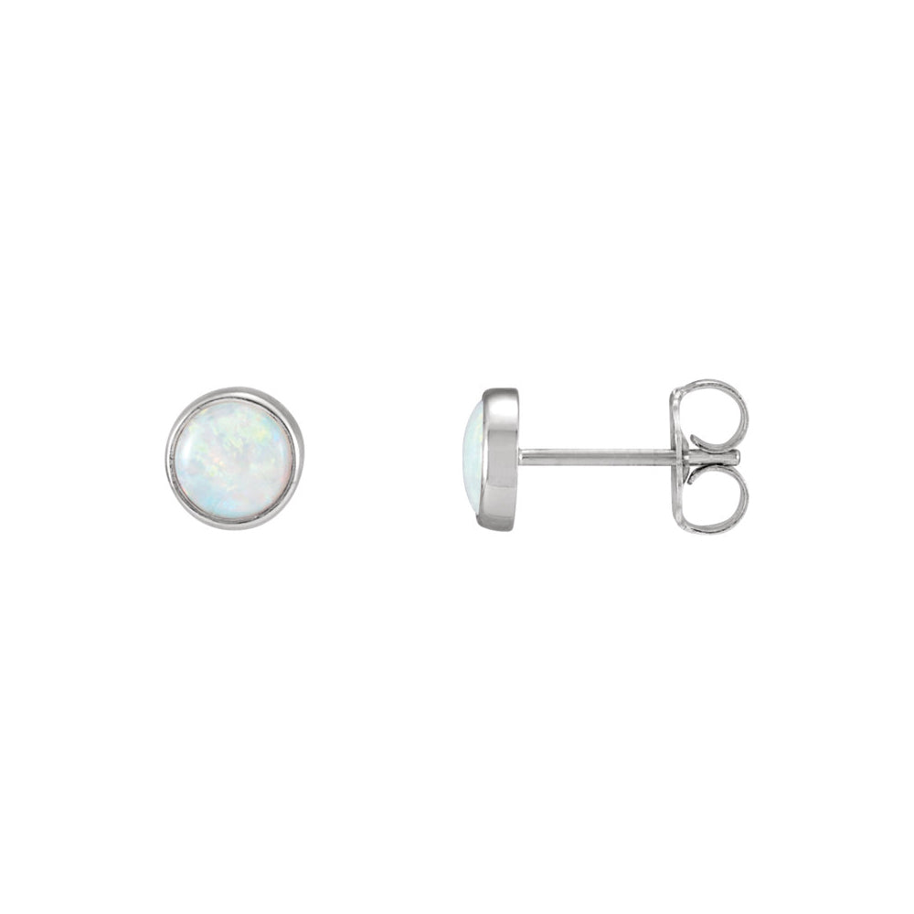 5mm White Opal Cabochon Stud Earrings in 14k White Gold, Item E11731 by The Black Bow Jewelry Co.