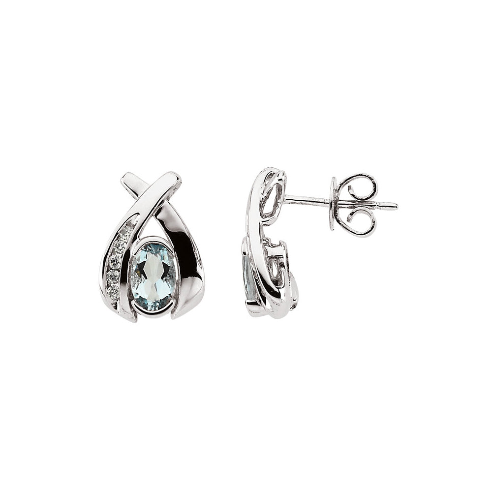 Oval Aquamarine &amp; Diamond Crossover Post Earrings in 14k White Gold, Item E11733 by The Black Bow Jewelry Co.