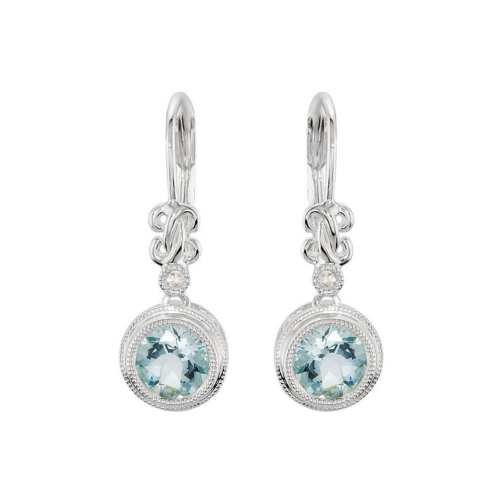Round Aquamarine and Diamond Lever Back Earrings in 14k White Gold, Item E11735 by The Black Bow Jewelry Co.