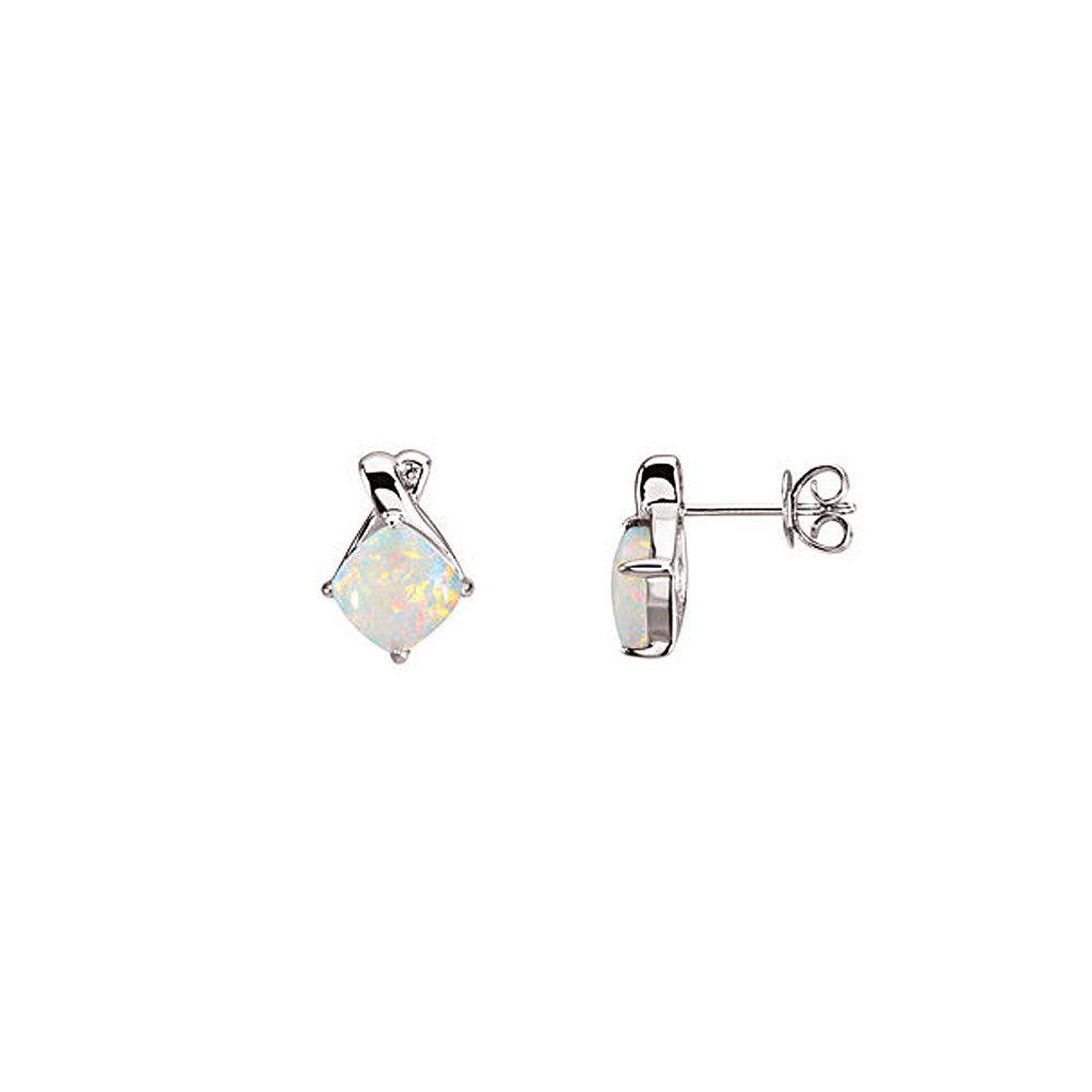 Cushion Cabochon Opal &amp; Diamond Post Earrings in 14k White Gold, Item E11740 by The Black Bow Jewelry Co.