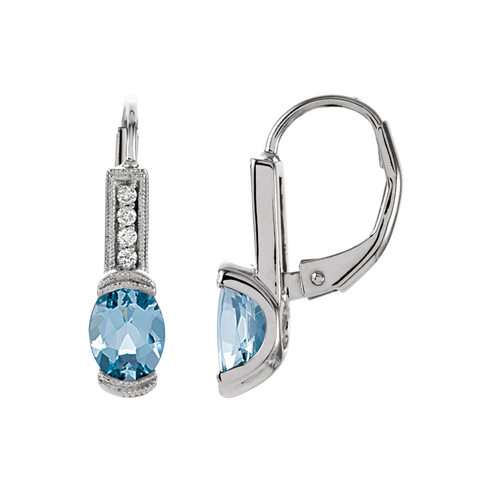 Oval Aquamarine and Diamond Lever Back Earrings in 14k White Gold, Item E11744 by The Black Bow Jewelry Co.