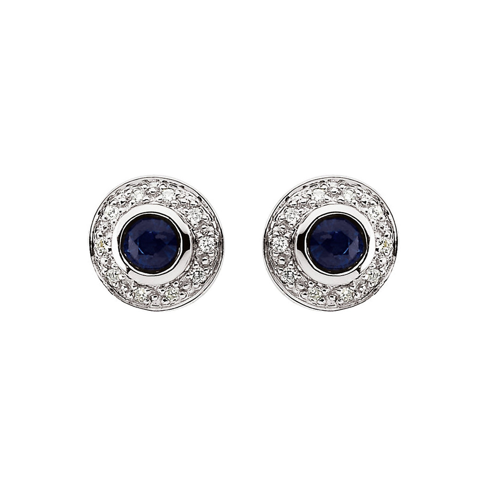 Genuine Sapphire &amp; Diamond Halo Style Post Earrings in 14k White Gold, Item E11750 by The Black Bow Jewelry Co.
