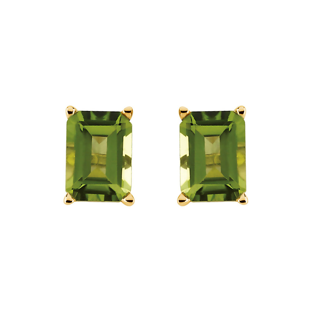 Alternate view of the Emerald Octagon Cut Peridot Stud Earrings in 14k Yellow Gold by The Black Bow Jewelry Co.