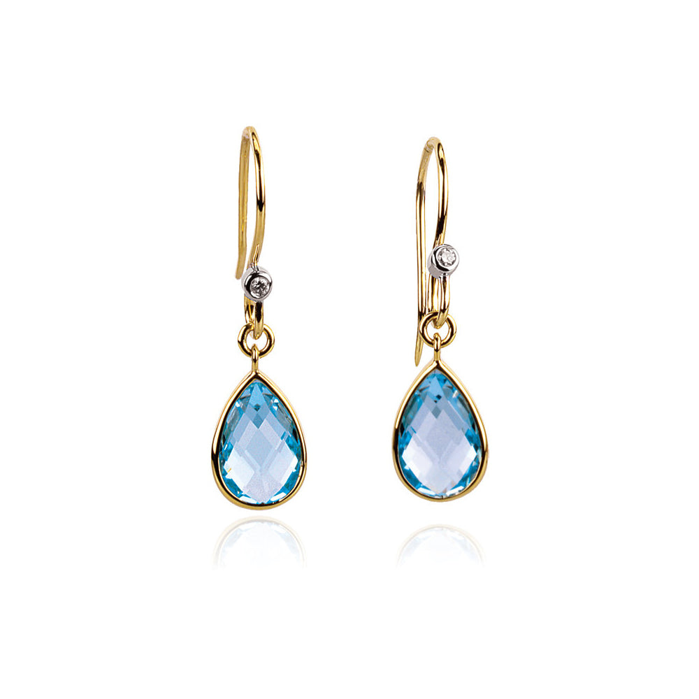 Swiss Blue Topaz Teardrop &amp; Diamond Dangle Earrings in 14k Yellow Gold, Item E11761 by The Black Bow Jewelry Co.