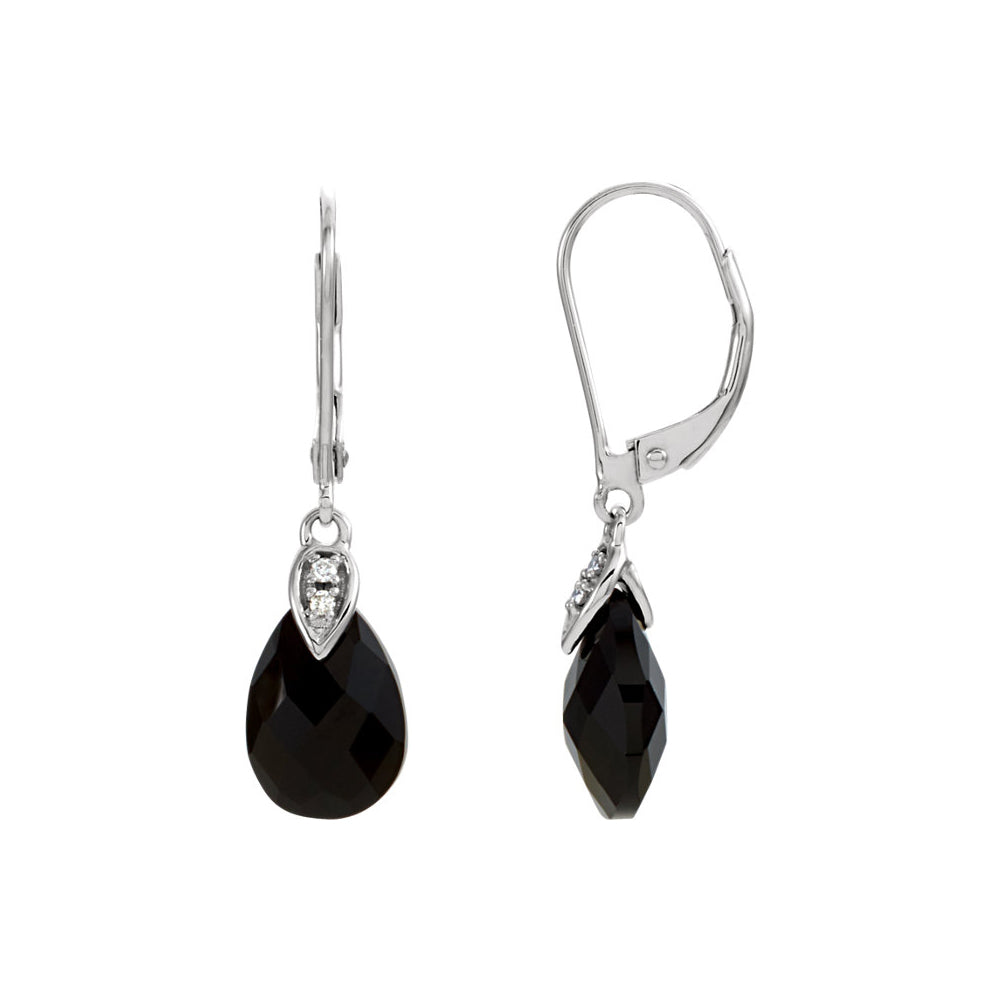 Black Onyx Briolette &amp; Diamond Lever Back Earrings in 14k White Gold, Item E11768 by The Black Bow Jewelry Co.