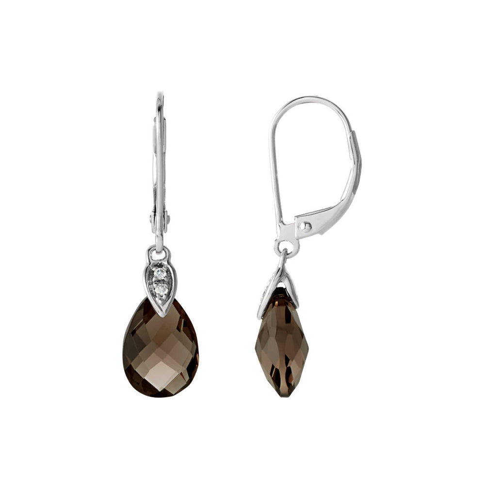 Alternate view of the Smoky Quartz Briolette &amp; Diamond Lever Back Earrings in 14k White Gold by The Black Bow Jewelry Co.