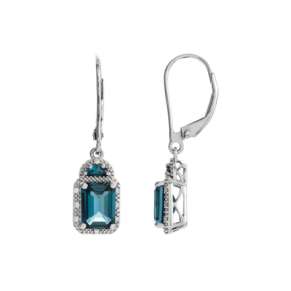 London Blue Topaz &amp; Diamond Lever Back Earrings in 14k White Gold, Item E11771 by The Black Bow Jewelry Co.