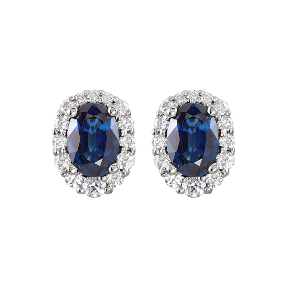 Oval Blue Sapphire & Diamond Halo Post Earrings in 14k White Gold