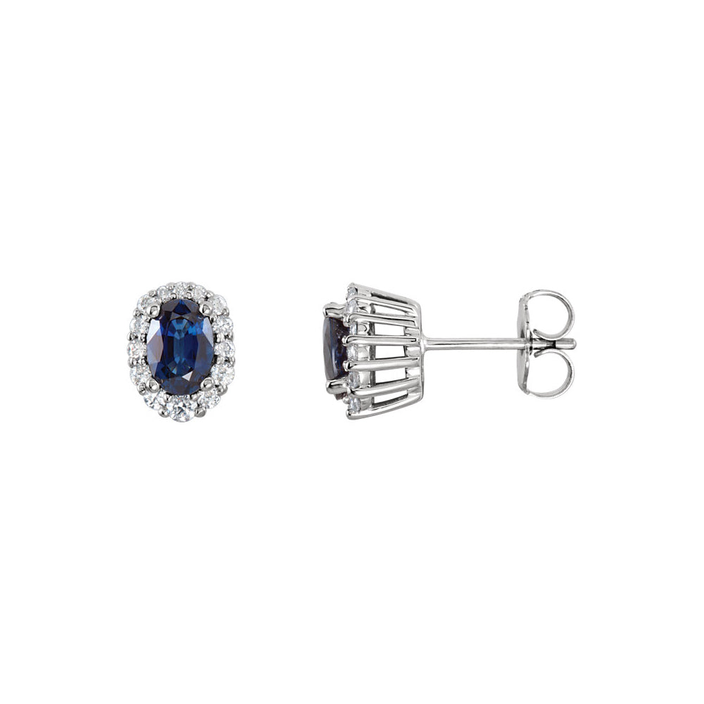 Oval Blue Sapphire & Diamond Halo Post Earrings in 14k White Gold