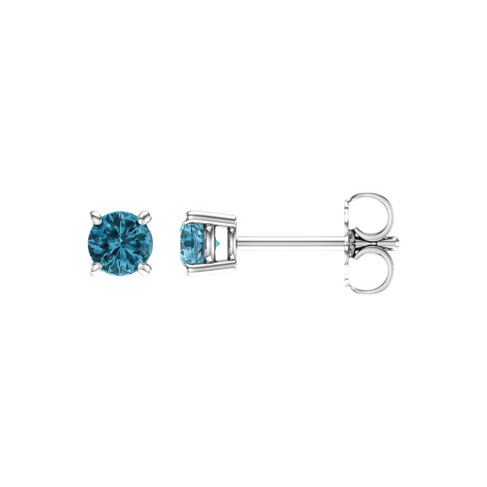 4mm Round Blue Zircon Stud Earrings in 14k White Gold, Item E11818 by The Black Bow Jewelry Co.