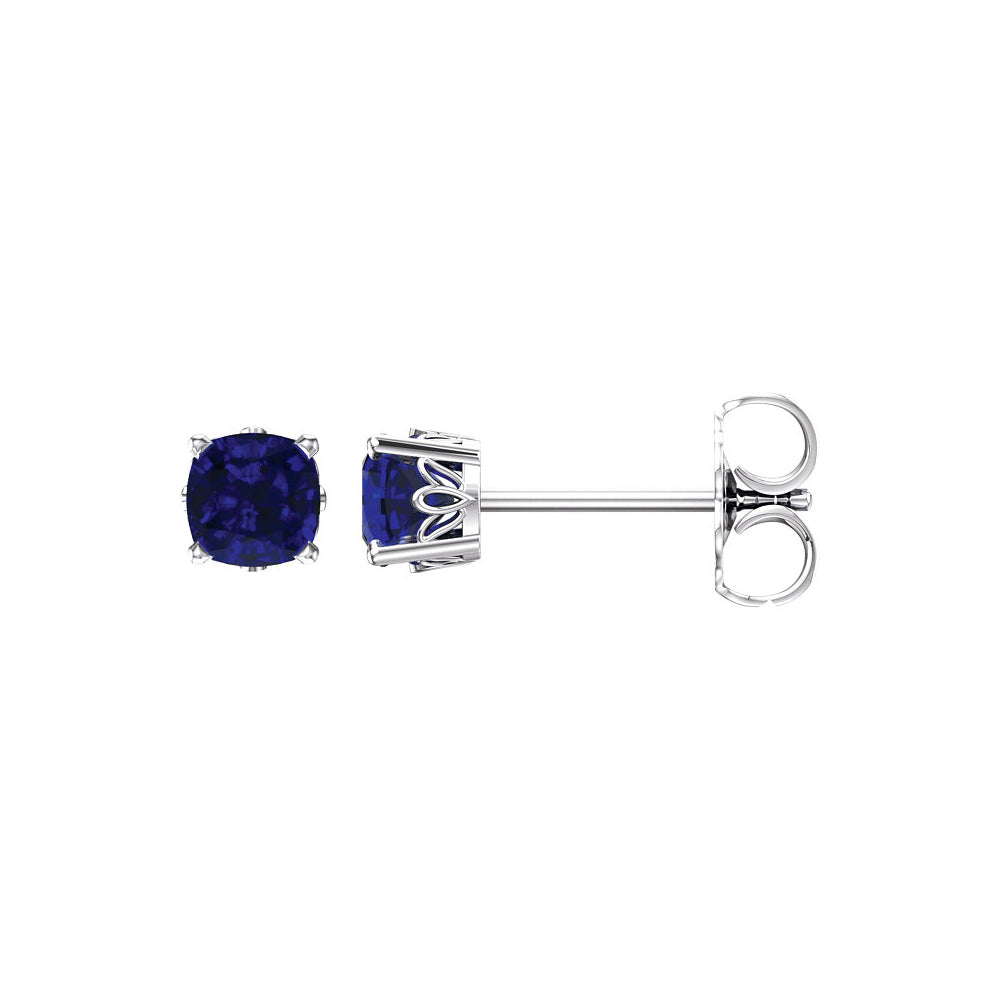 4mm 14k White Gold Stud Earrings with Cushion Created Blue Sapphires, Item E11859 by The Black Bow Jewelry Co.