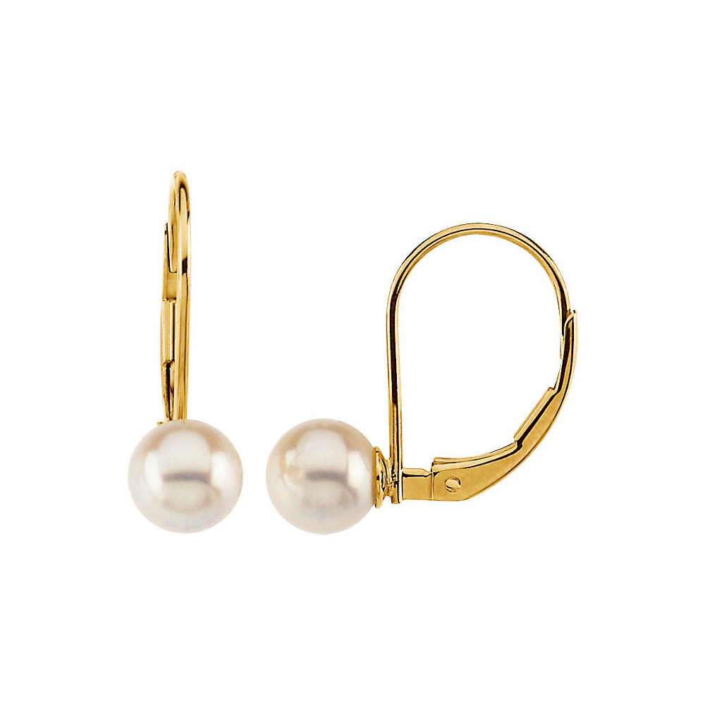 7mm Round Akoya Cultured Pearl Lever Back Earrings in 14k Yellow Gold, Item E11865 by The Black Bow Jewelry Co.