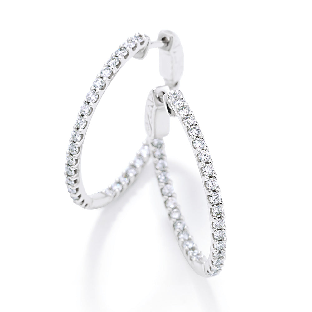 Alternate view of the 14k White Gold 23mm Inside Outside Diamond Hinged Round Hoop Earrings by The Black Bow Jewelry Co.