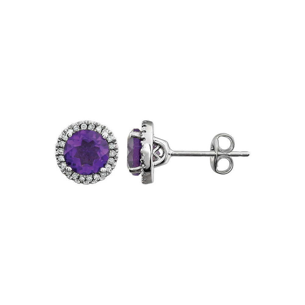 8mm Halo Style Amethyst &amp; Diamond Earrings in 14k White Gold, Item E11898 by The Black Bow Jewelry Co.