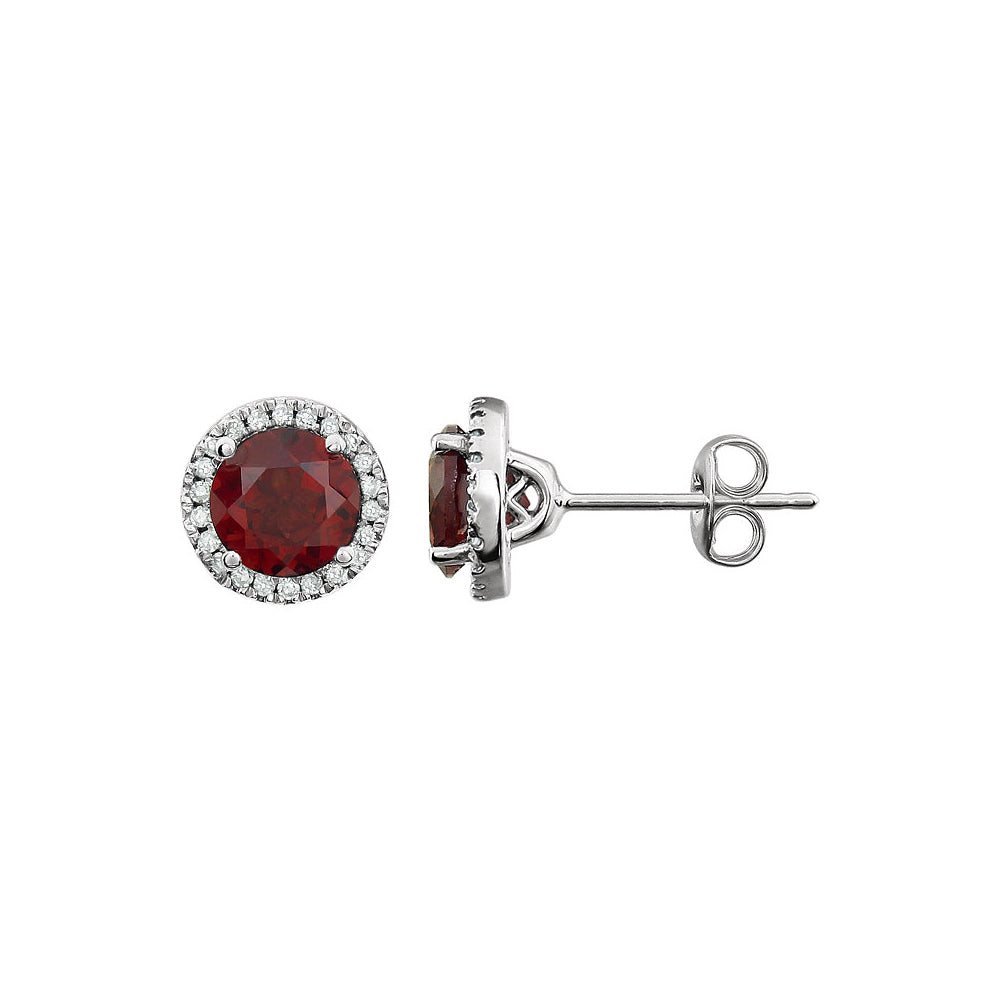 8mm Halo Style Mozambique Garnet &amp; Diamond Earrings in 14k White Gold, Item E11901 by The Black Bow Jewelry Co.
