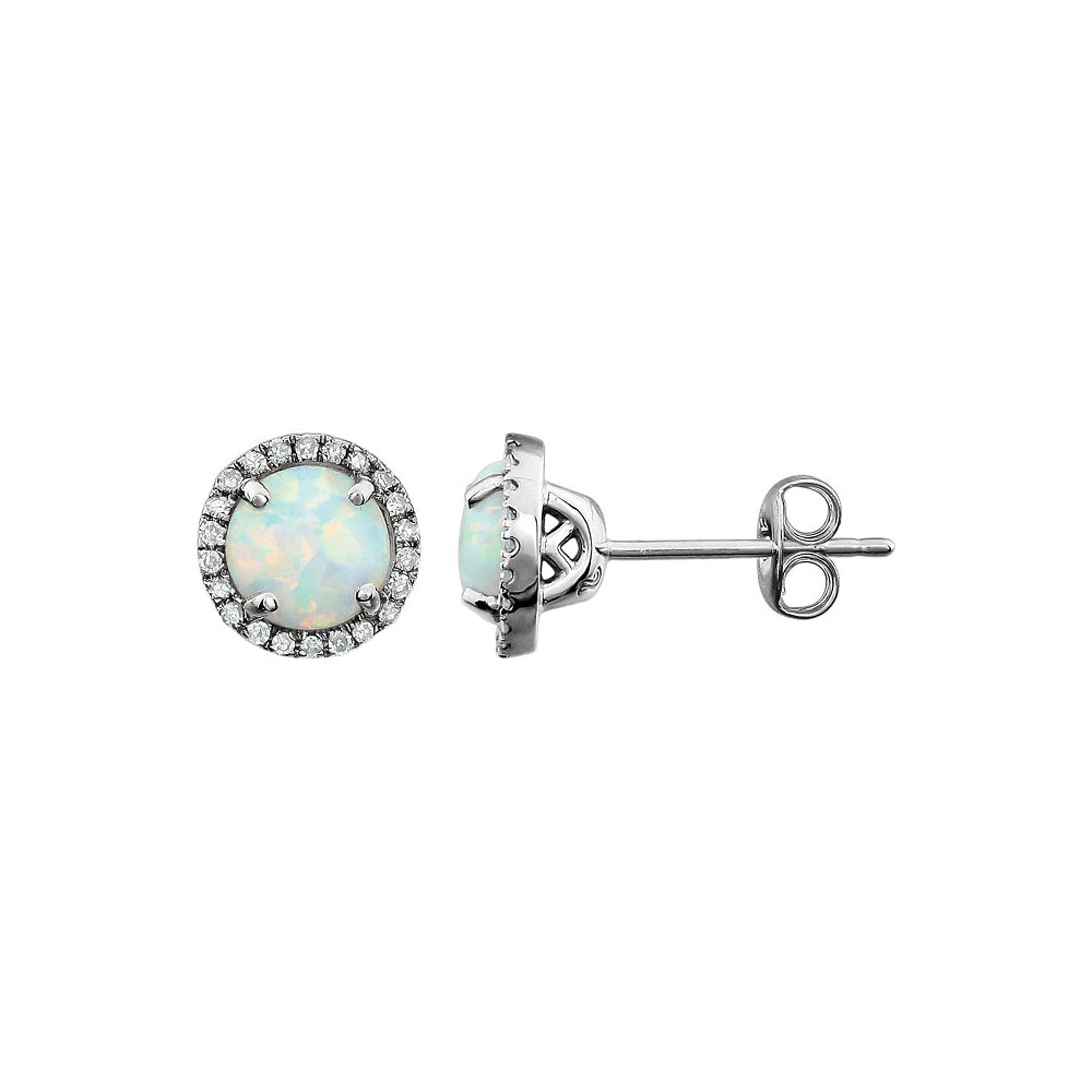 8mm Halo Style Created Opal &amp; Diamond Earrings in 14k White Gold, Item E11902 by The Black Bow Jewelry Co.