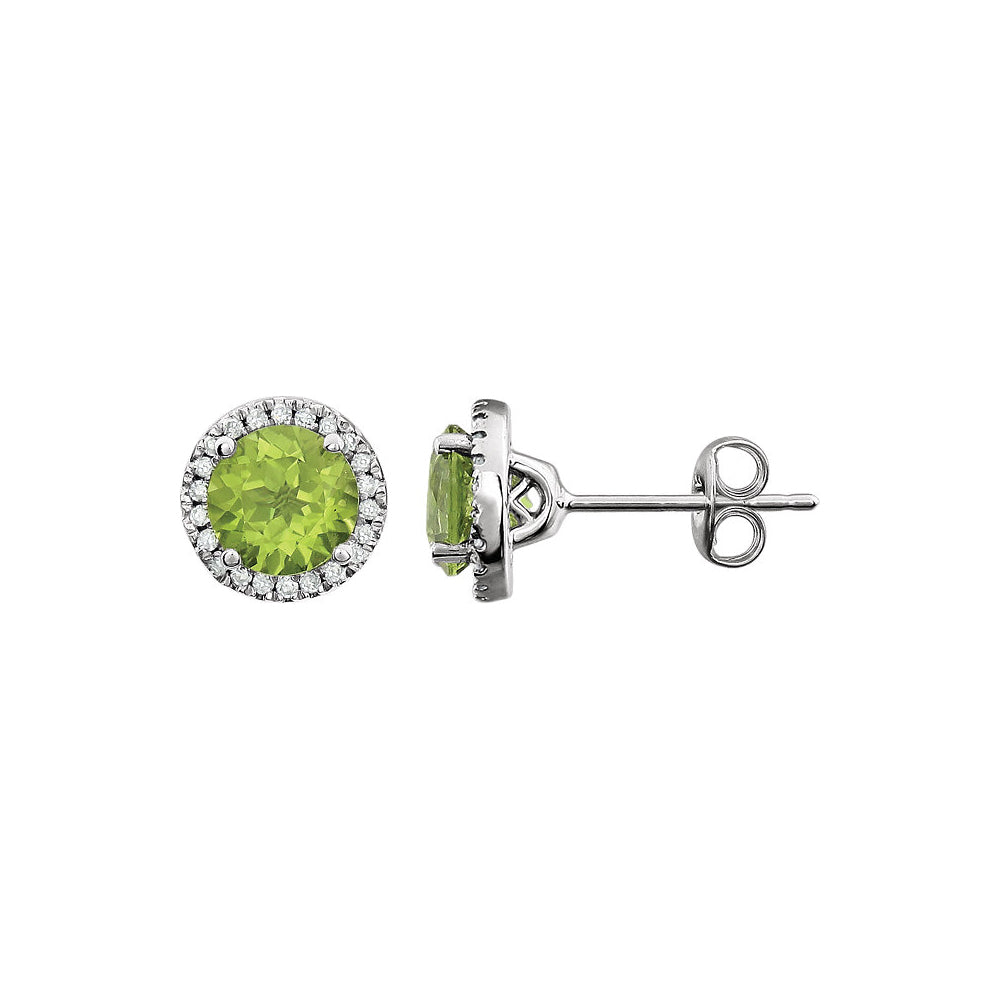 8mm Halo Style Peridot &amp; Diamond Earrings in 14k White Gold, Item E11904 by The Black Bow Jewelry Co.