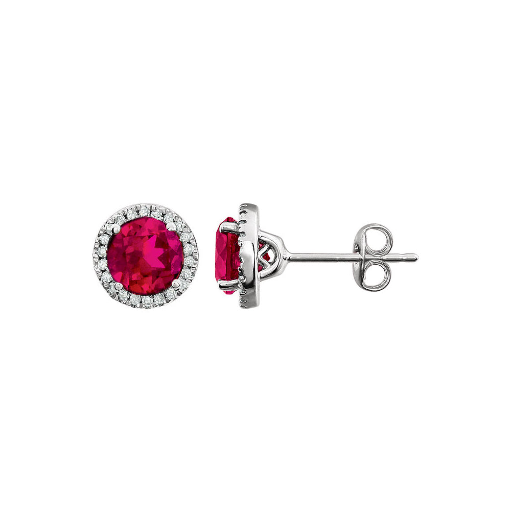 8mm Halo Style Created Ruby &amp; Diamond Earrings in 14k White Gold, Item E11905 by The Black Bow Jewelry Co.