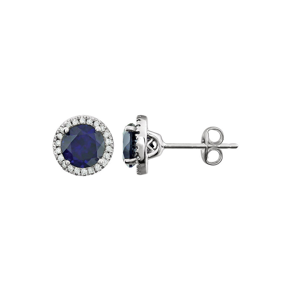8mm Halo Style Created Sapphire &amp; Diamond Earrings in 14k White Gold, Item E11906 by The Black Bow Jewelry Co.
