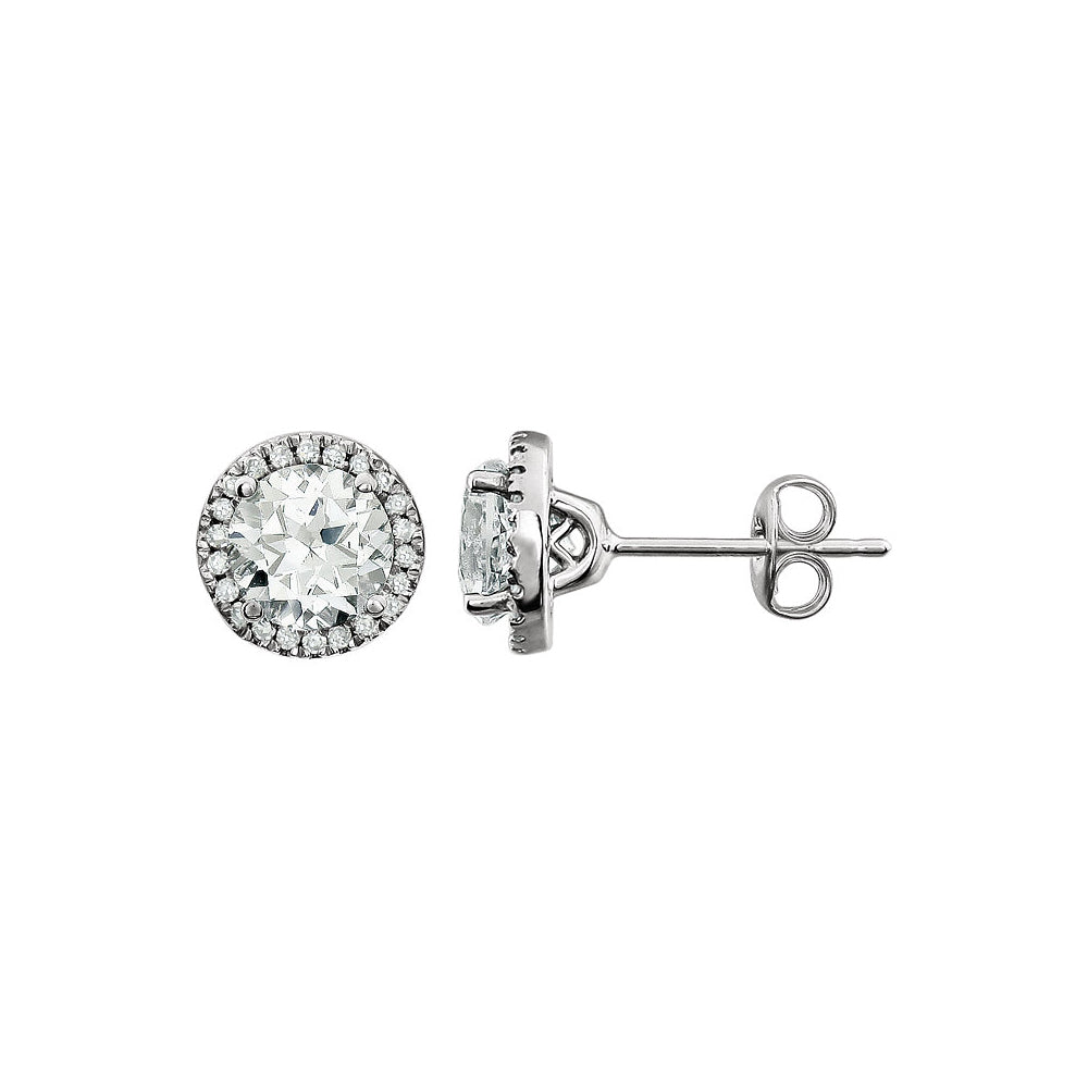 8mm Halo Created White Sapphire &amp; Diamond Earrings in 14k White Gold, Item E11907 by The Black Bow Jewelry Co.