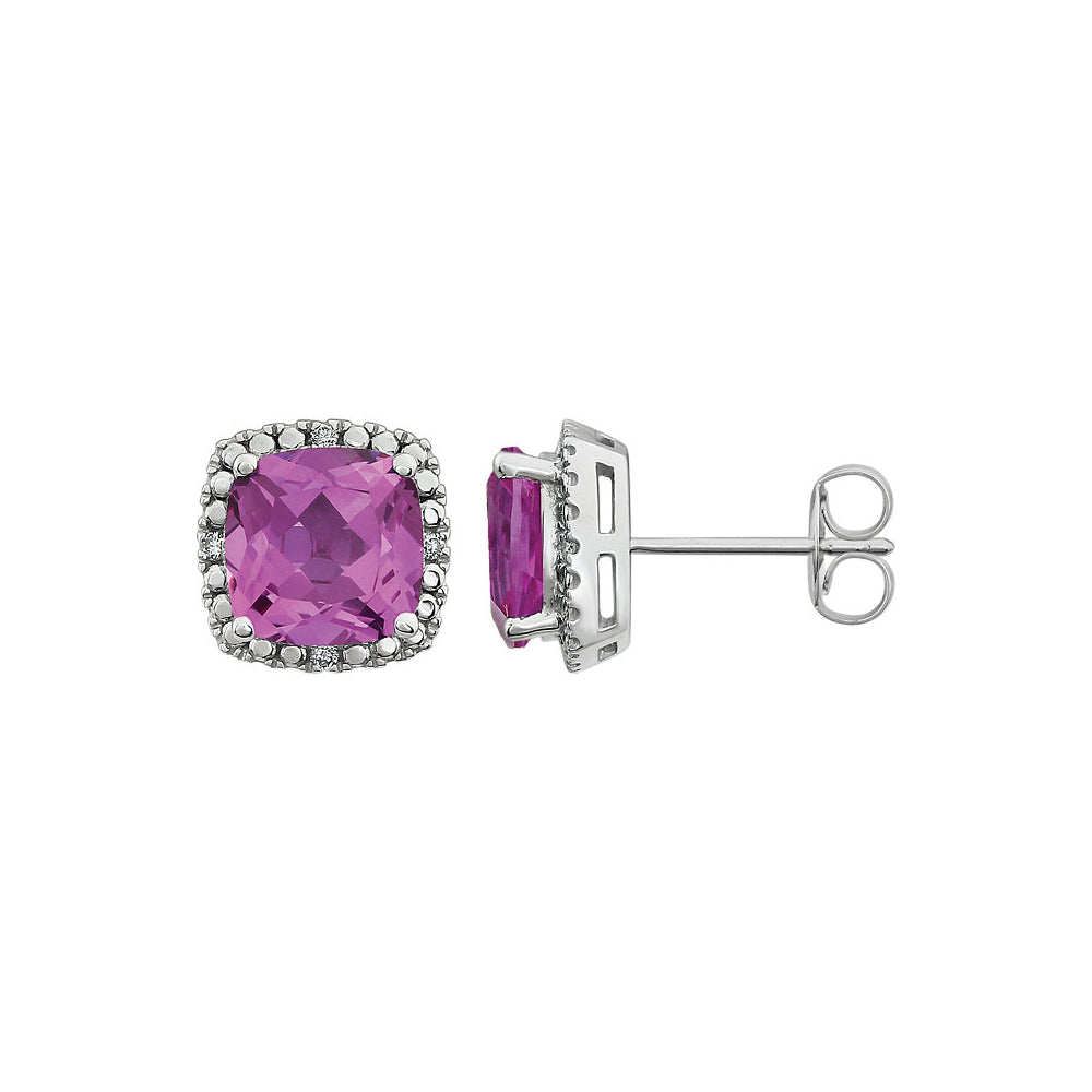 Created Pink Sapphire &amp; Diamond 10mm Earrings in 14k White Gold, Item E11915 by The Black Bow Jewelry Co.
