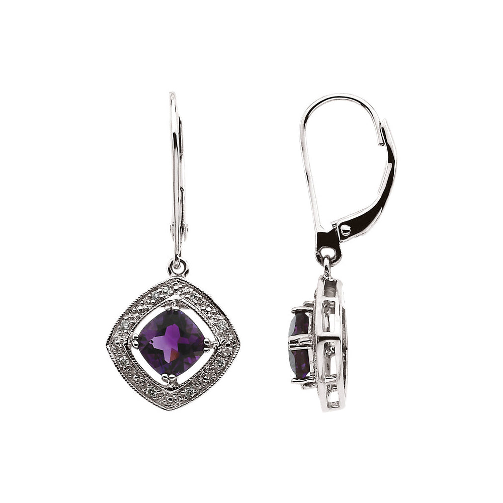 Diamond Accented Amethyst Lever Back Earrings in 14k White Gold, Item E11920 by The Black Bow Jewelry Co.