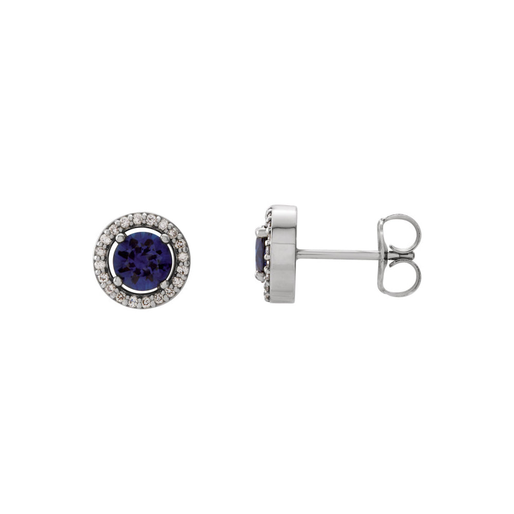 7.5mm Halo Style Blue Sapphire &amp; Diamond Earrings in 14k White Gold, Item E11925 by The Black Bow Jewelry Co.