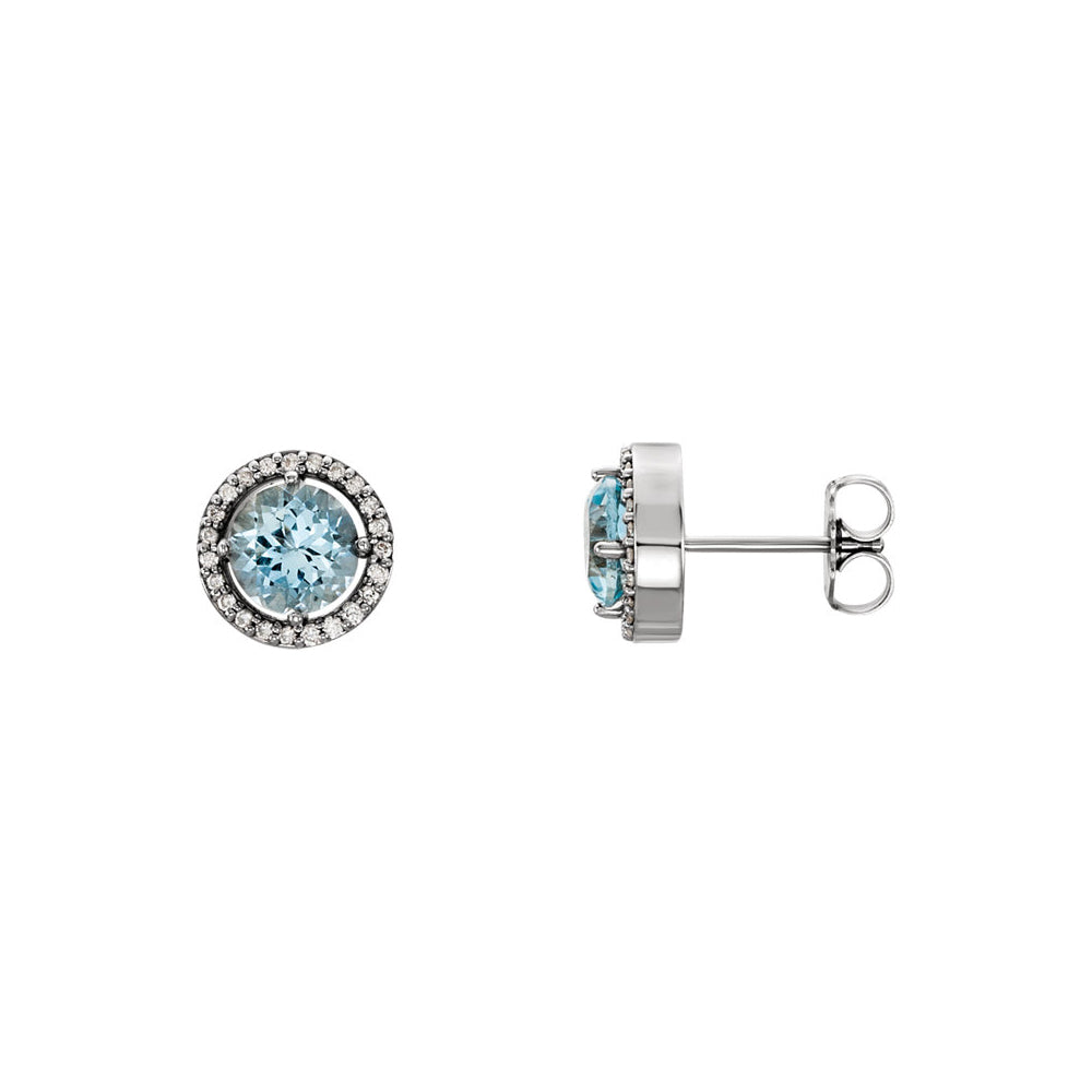 9mm Halo Style Aquamarine &amp; Diamond Earrings in 14k White Gold, Item E11926 by The Black Bow Jewelry Co.