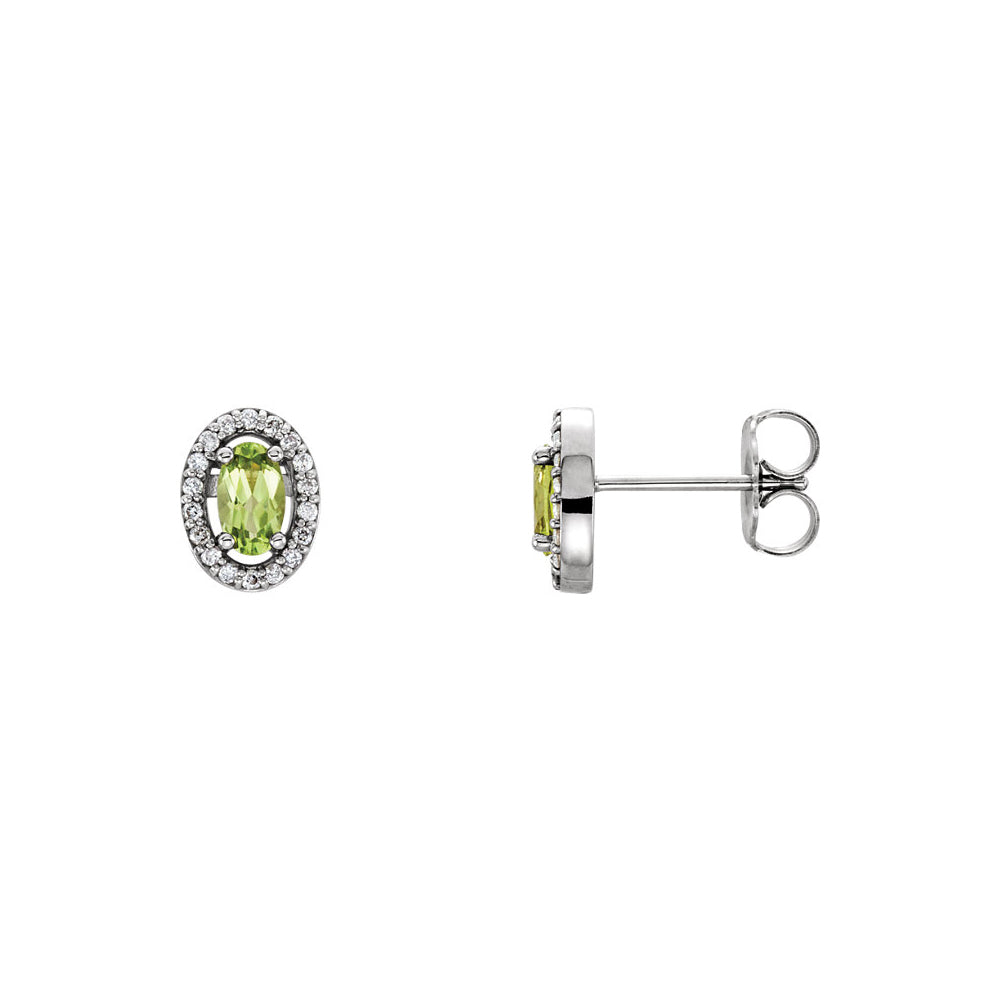 Oval Peridot &amp; Diamond Halo Earrings in 14k White Gold, Item E11945 by The Black Bow Jewelry Co.