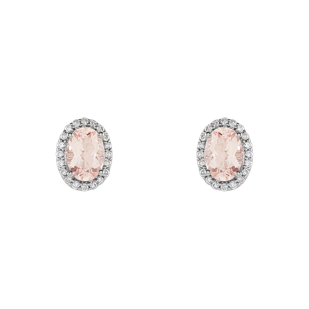 Oval Morganite &amp; Diamond Halo Stud Earrings in 14k White Gold, Item E11949 by The Black Bow Jewelry Co.
