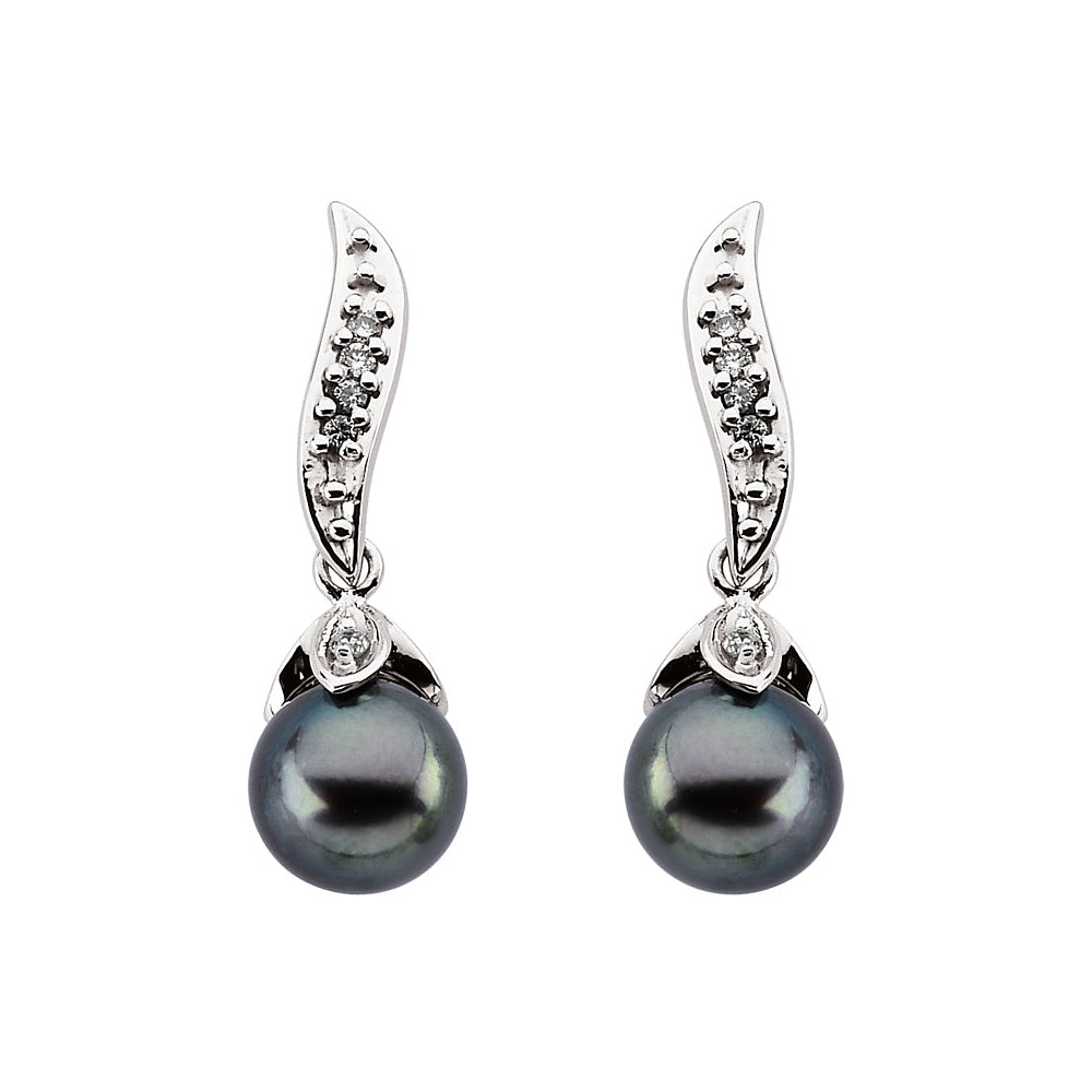 Black Akoya Cultured Pearl &amp; Diamond Dangle Earrings in 14k White Gold, Item E11960 by The Black Bow Jewelry Co.