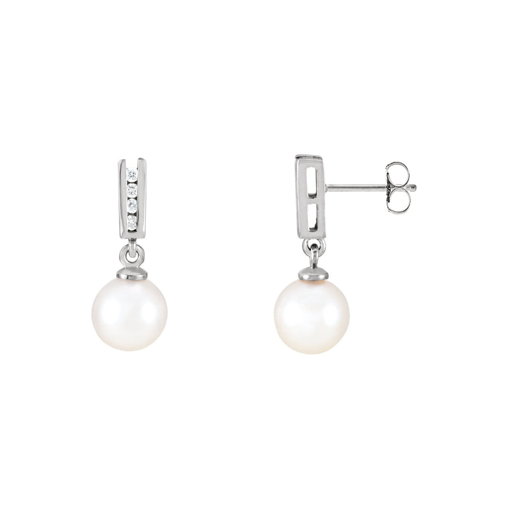 14k White Gold Akoya Cultured Pearl & Diamond Dangle Post Earrings