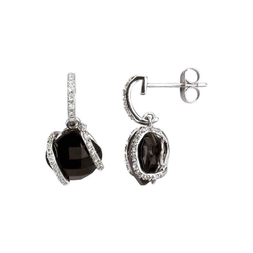 Alternate view of the Cushion Lozenge Onyx &amp; Diamond Dangle Earrings in 14k White Gold by The Black Bow Jewelry Co.