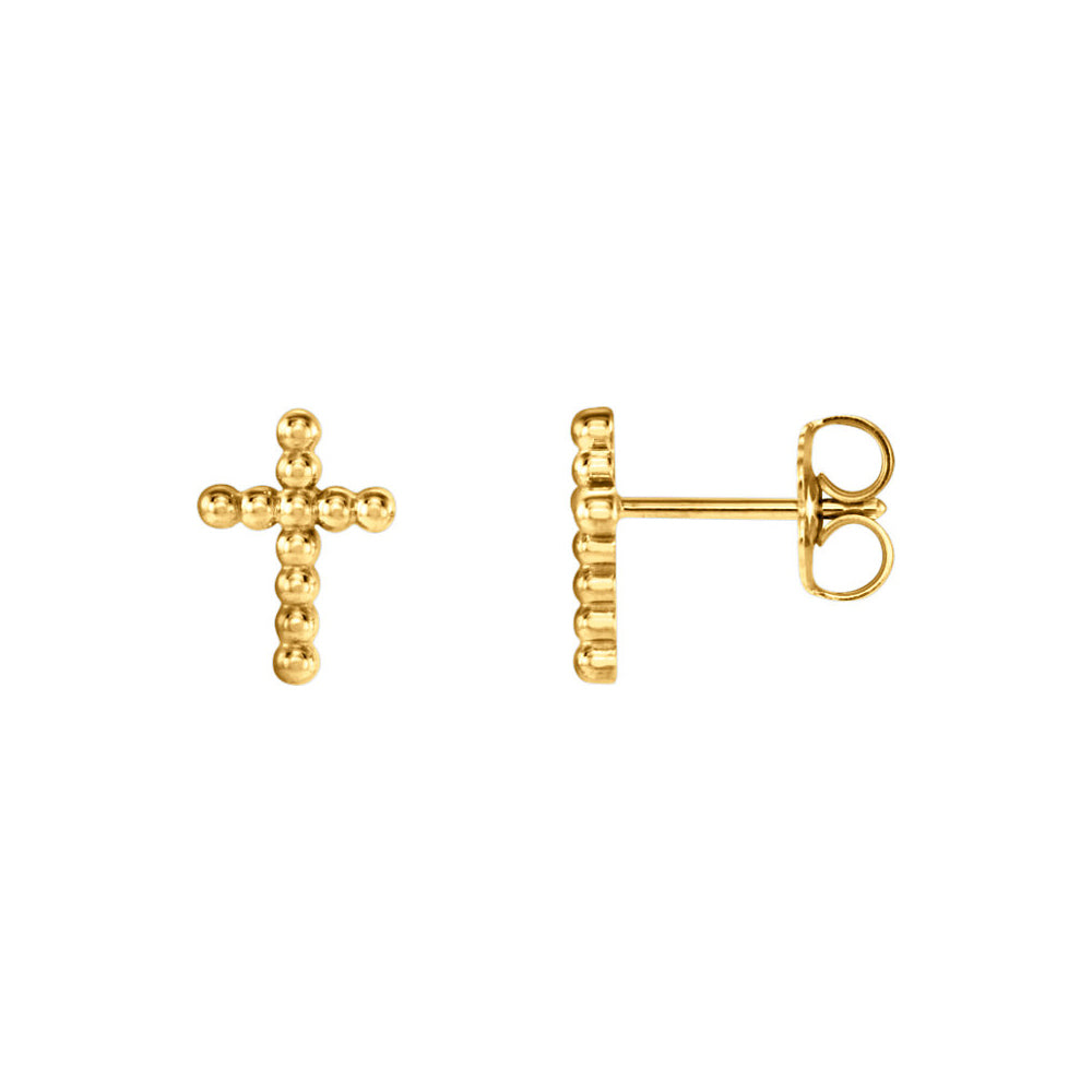 9mm Beaded Cross Post Earrings in 14k Yellow Gold, Item E12006 by The Black Bow Jewelry Co.