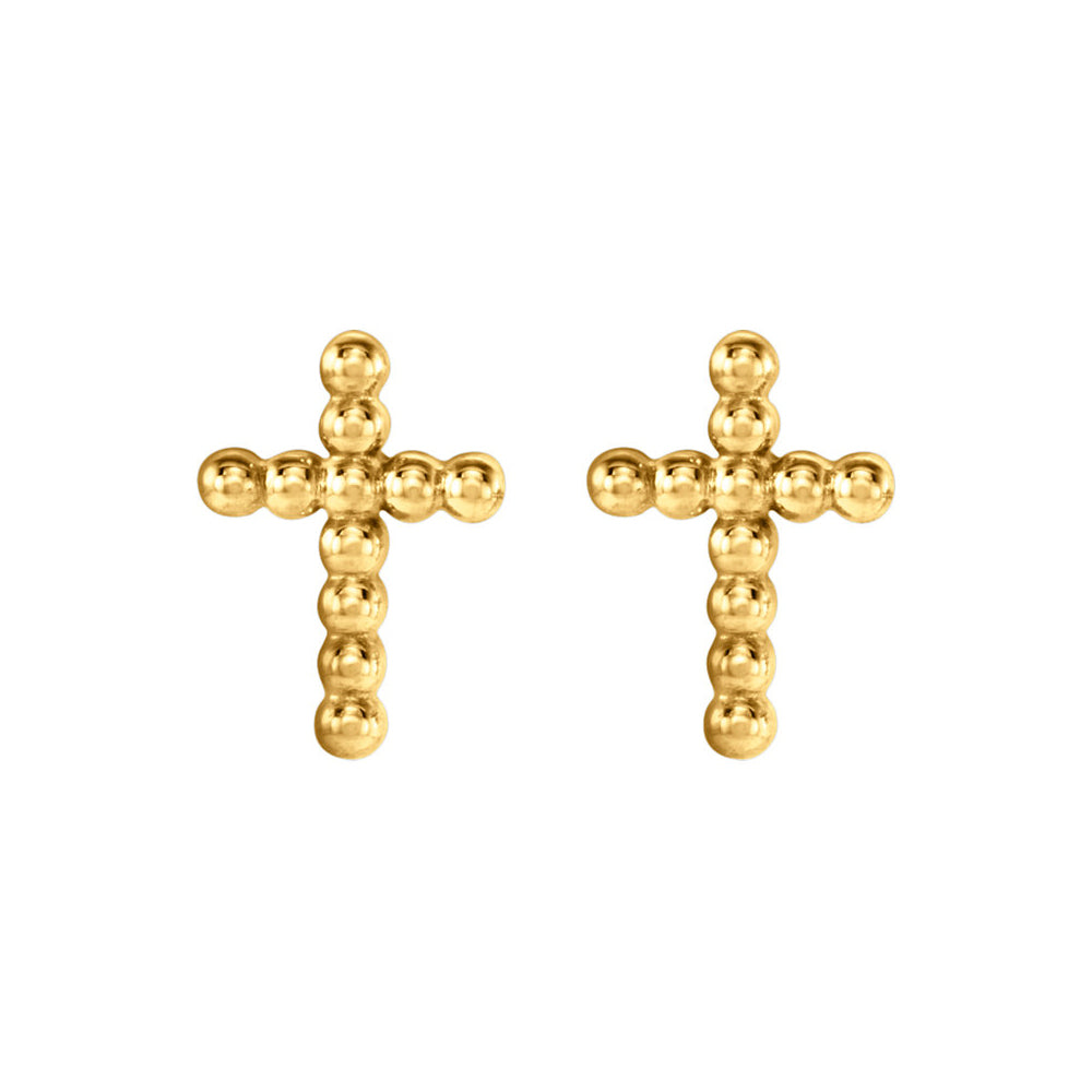 Alternate view of the 9mm Beaded Cross Post Earrings in 14k Yellow Gold by The Black Bow Jewelry Co.