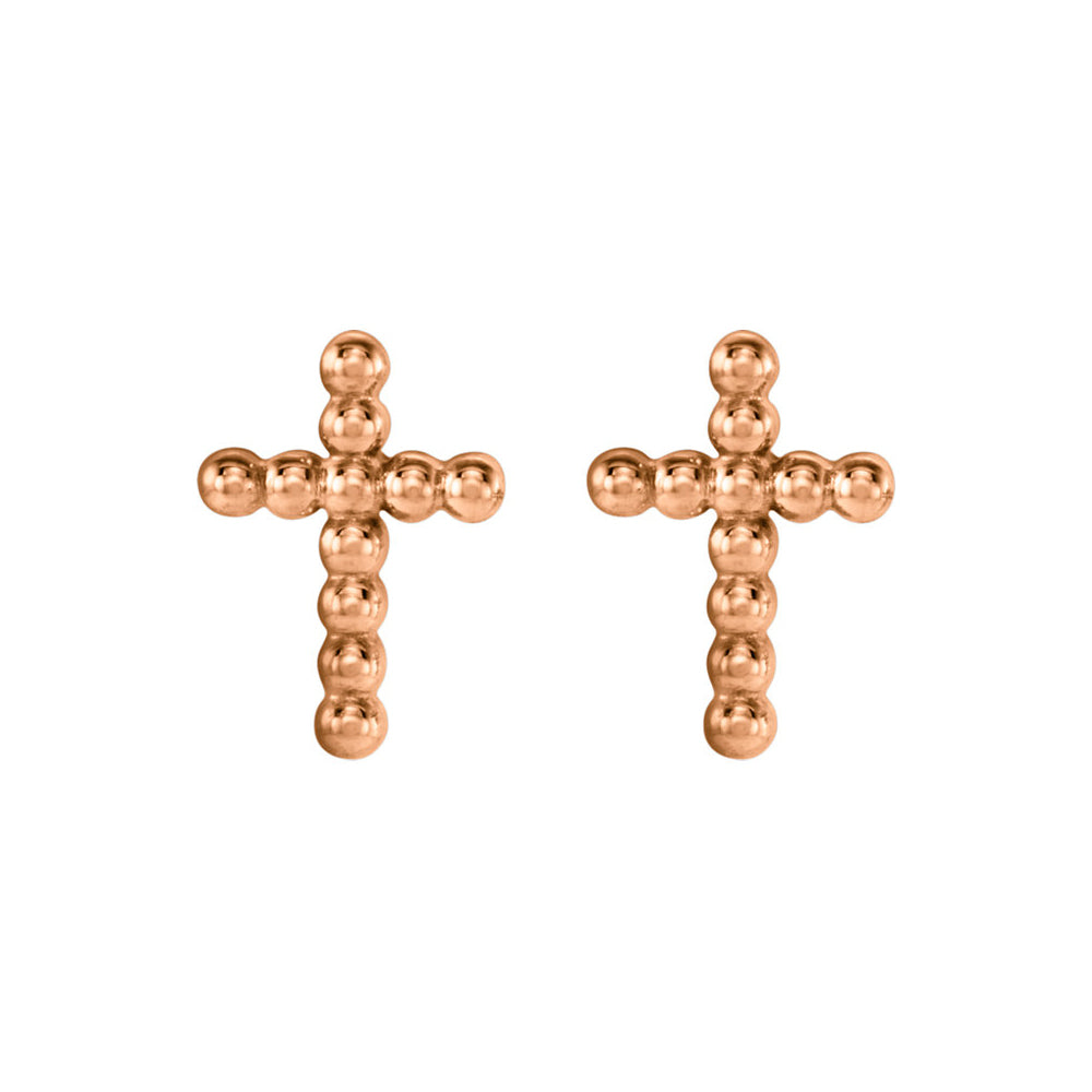 Alternate view of the 9mm Beaded Cross Post Earrings in 14k Rose Gold by The Black Bow Jewelry Co.