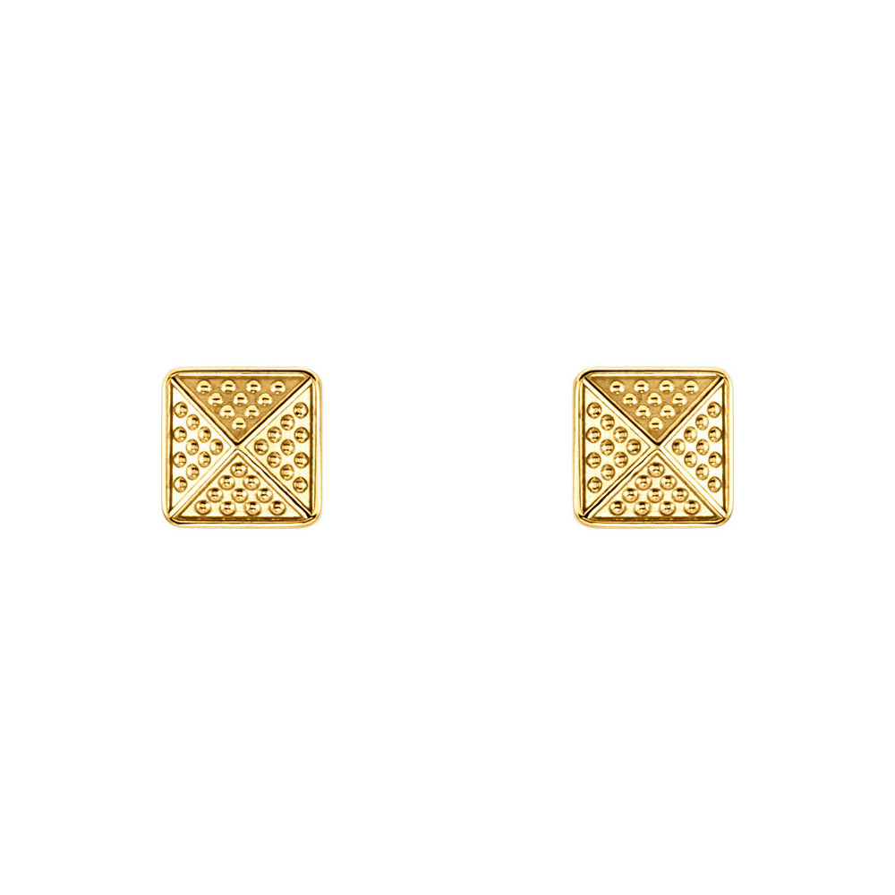 Alternate view of the 8mm Textured Square Pyramid Stud Earrings in 14k Yellow Gold by The Black Bow Jewelry Co.