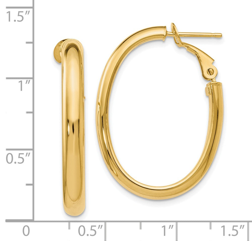 Alternate view of the 4mm Omega Back Oval Hoop Earrings in 14k Yellow Gold, 30mm by The Black Bow Jewelry Co.