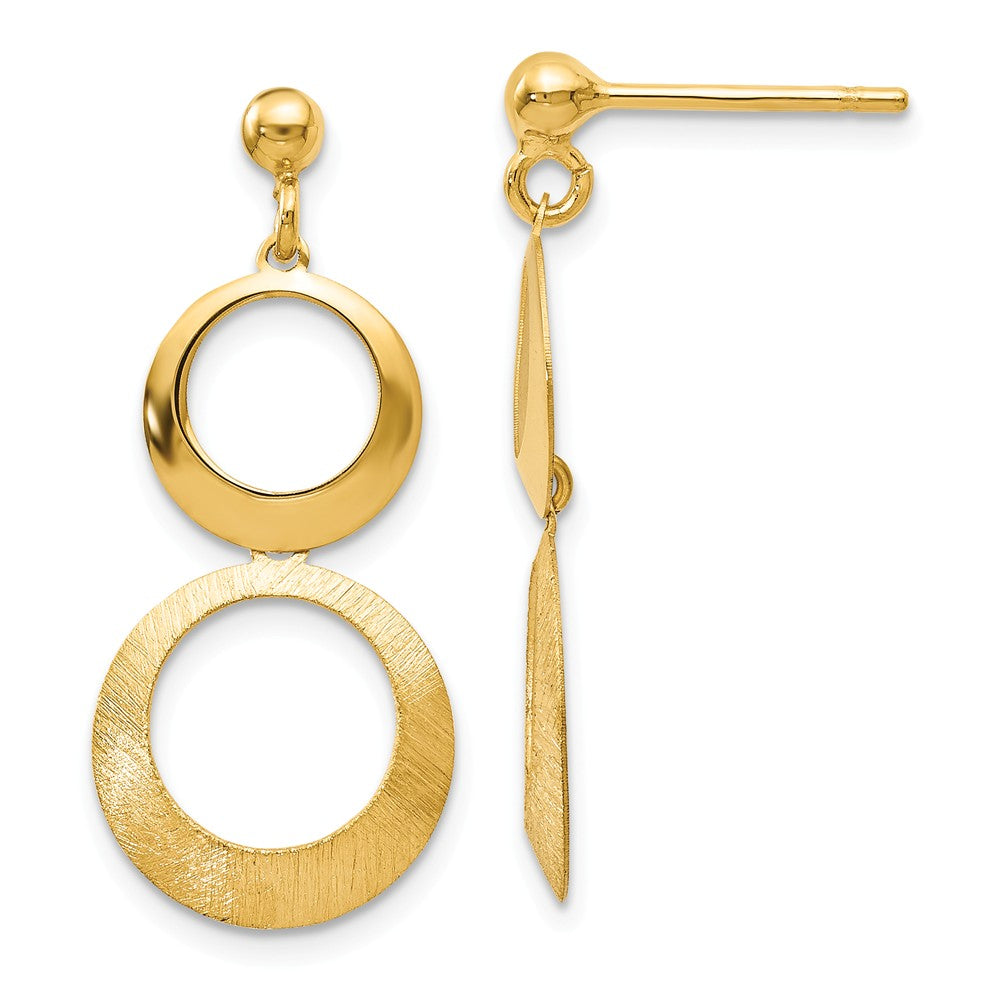 Polished &amp; Brushed Double Circle Dangle Earrings in 14k Yellow Gold, Item E12071 by The Black Bow Jewelry Co.