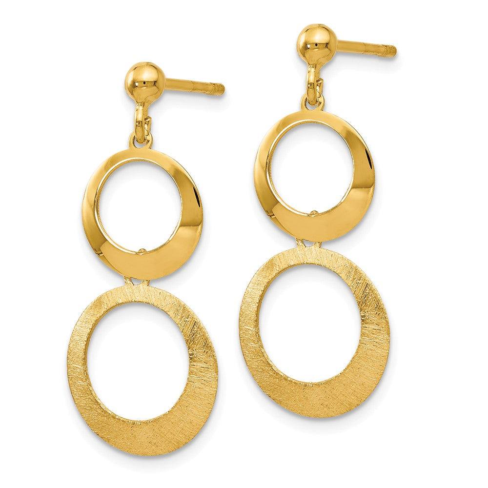 Alternate view of the Polished &amp; Brushed Double Circle Dangle Earrings in 14k Yellow Gold by The Black Bow Jewelry Co.