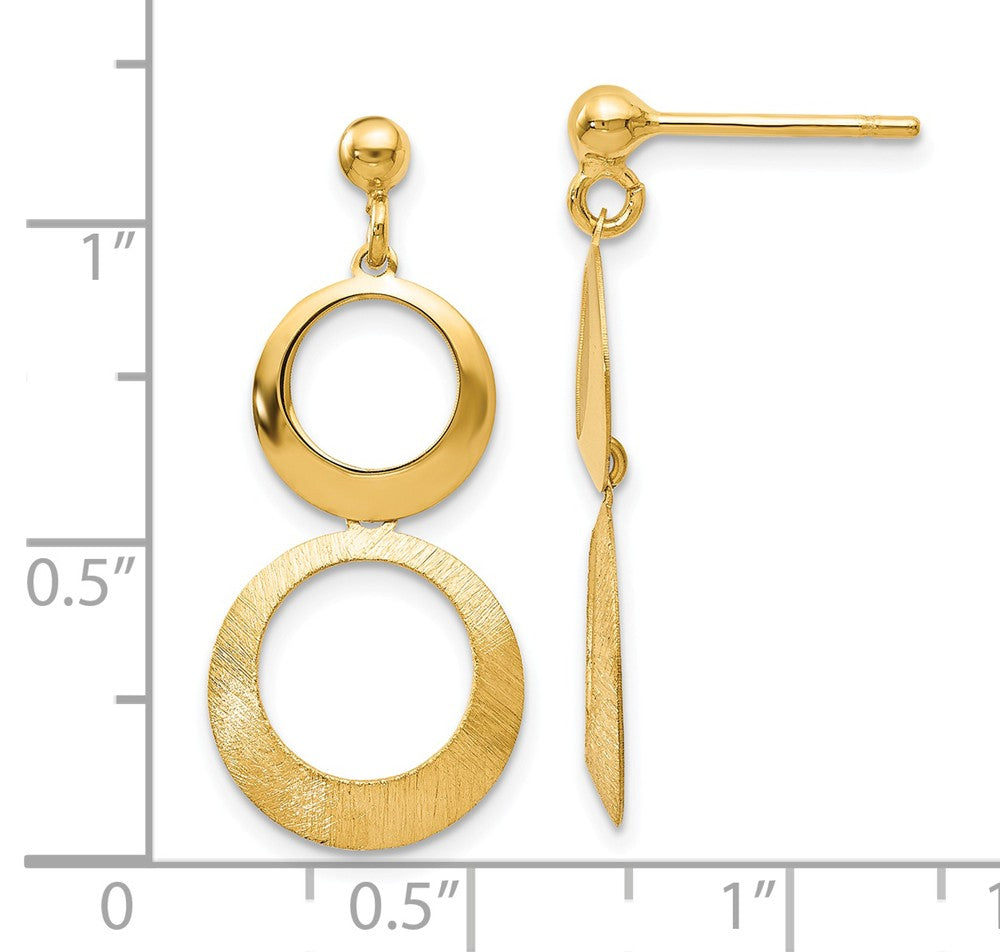 Alternate view of the Polished &amp; Brushed Double Circle Dangle Earrings in 14k Yellow Gold by The Black Bow Jewelry Co.