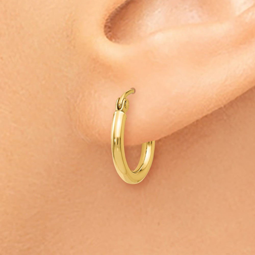 Alternate view of the 2mm Round Hoop Earrings in 14k Yellow Gold, 12mm (7/16 Inch) by The Black Bow Jewelry Co.