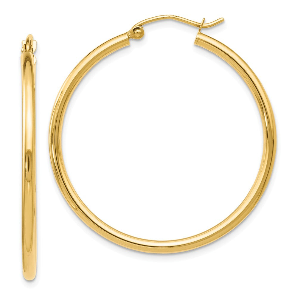 2mm Round Hoop Earrings in 14k Yellow Gold, 35mm (1 3/8 Inch), Item E12091 by The Black Bow Jewelry Co.
